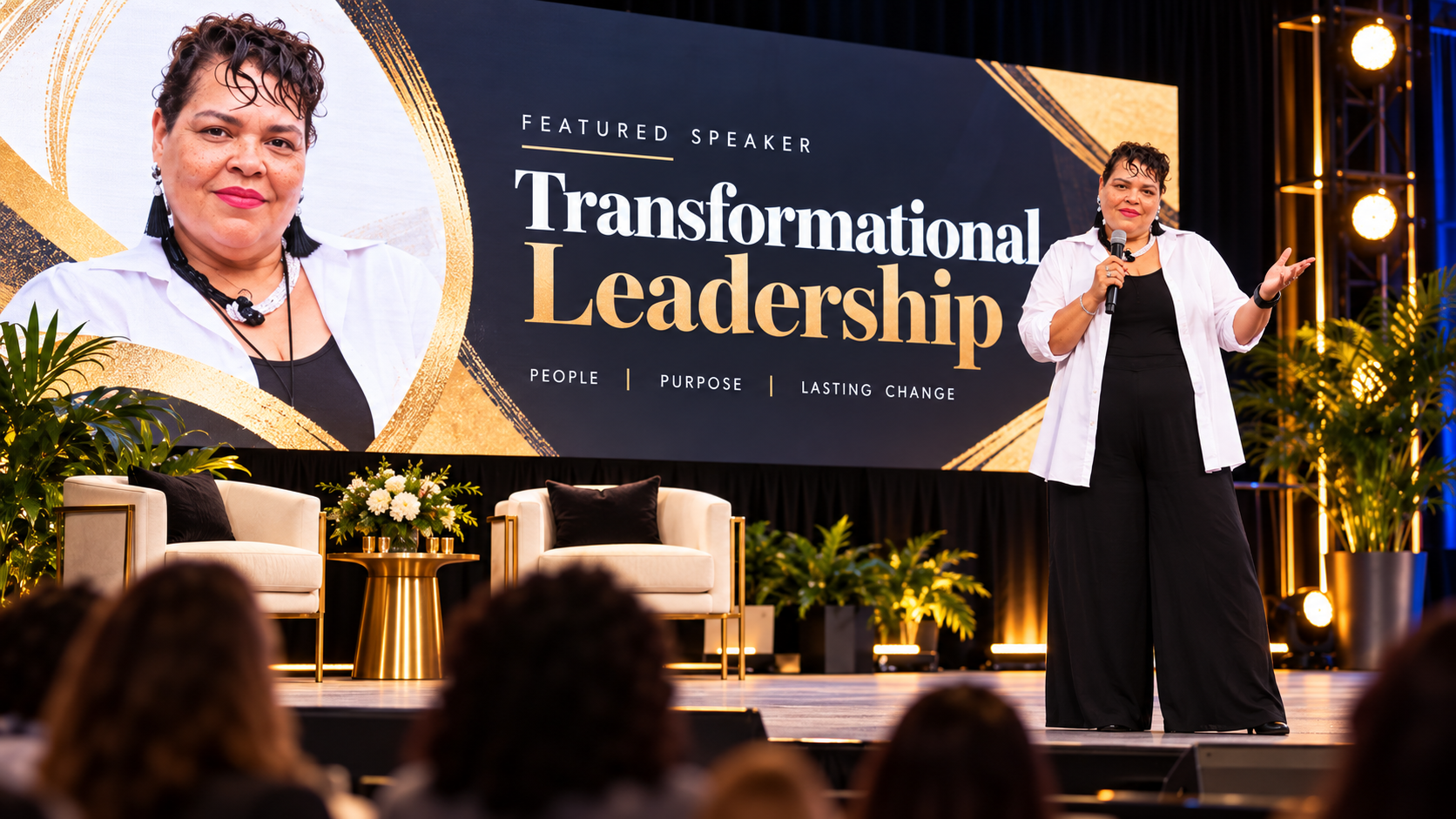 Eliza Herbert speaking on stage at the Transformational Leadership event